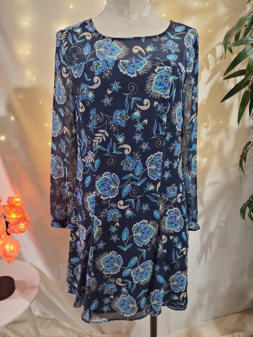 The Limited Floral Fit & Flare Long Sleeve Shift Dress Womens Size 2 Blue Boho